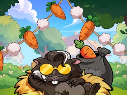 A guinea pig in yellow sunglasses lounging on hay in a garden
