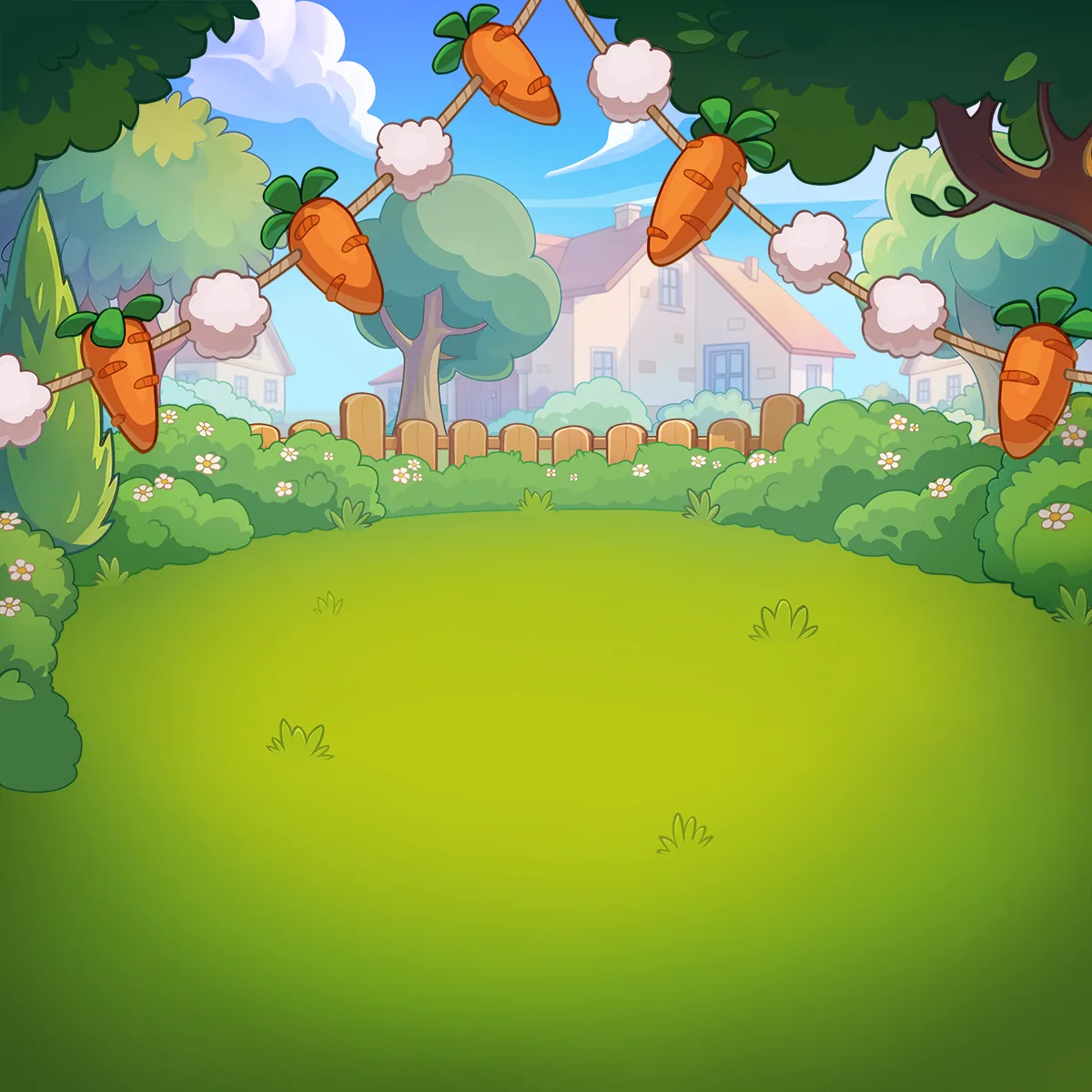 A sunny cartoon garden with carrot bunting and a hedge, the Salad Rush world